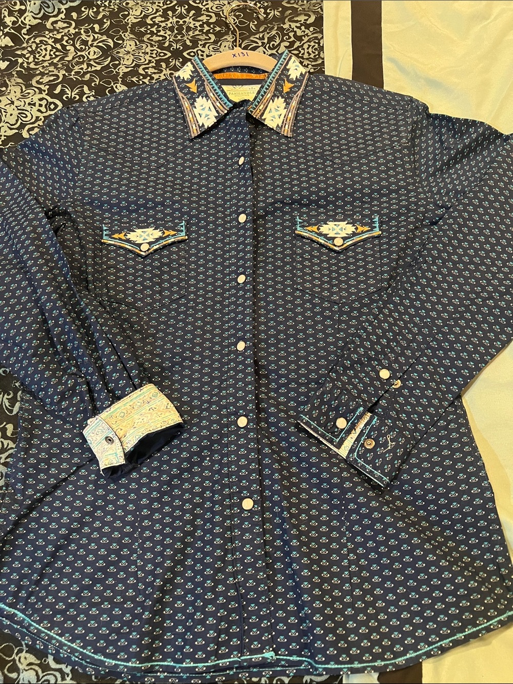 Panhandle Slim Navy Blue Patterned Women's Button-Down Shirt with Cream Accents